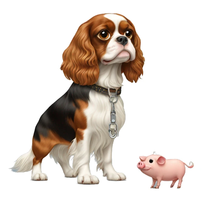King Charles spaniel walking a pig on a leash sticker