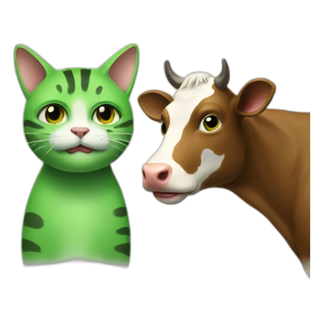 a green cat kidding with a cow sticker