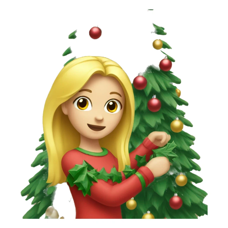 Blond Girl decorating a Christmas tree sticker