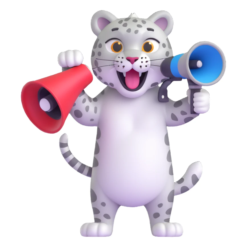 snow leopard using a megaphone, 3D emoji style sticker