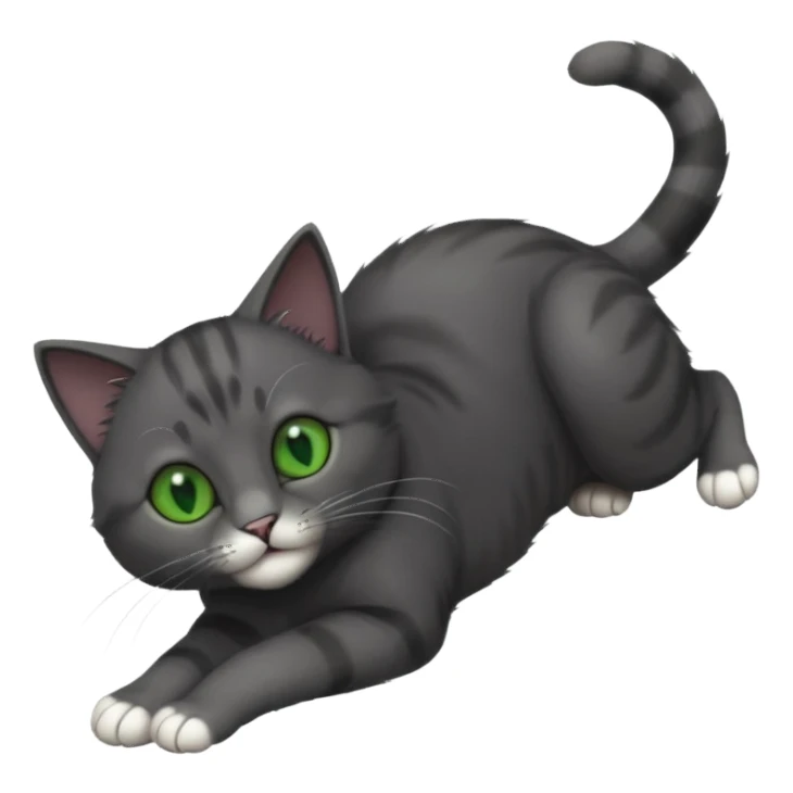 solid dark grey cat with green eyes, completely solid grey face, white toes/paws playing rolling upside down sticker