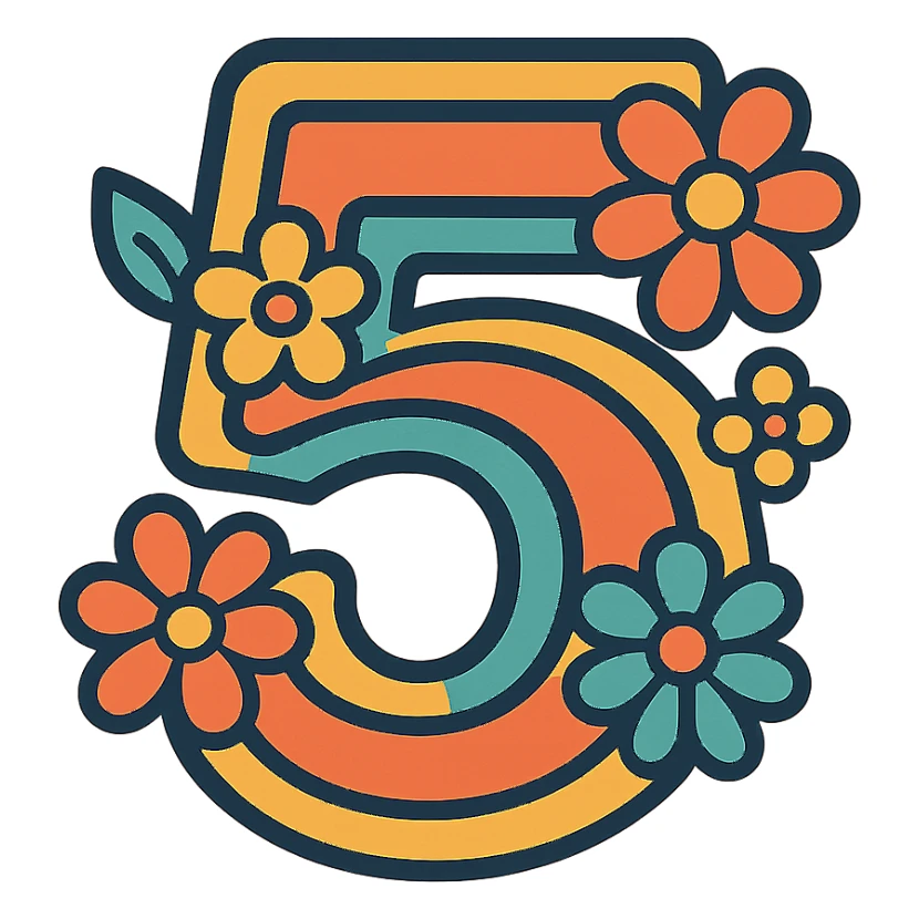 number 5 in a retro 70s style, outlined with floral patterns sticker