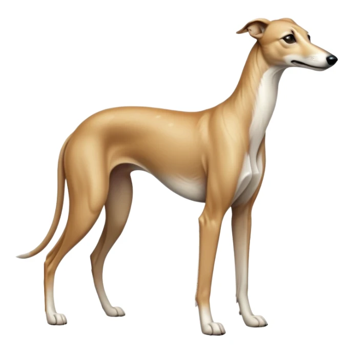 cinematic-[fawn greyhound]-realistic-full-body-standing-emoji,-tail-resting-loosely-beside-its-paws,-head-tilted-dramatically, -sleek-[light fawn]-fur,-simplified-yet-realistic-focused-features,-highly-detailed,-glowing-with-an-almost-sarcastic-glow sticker