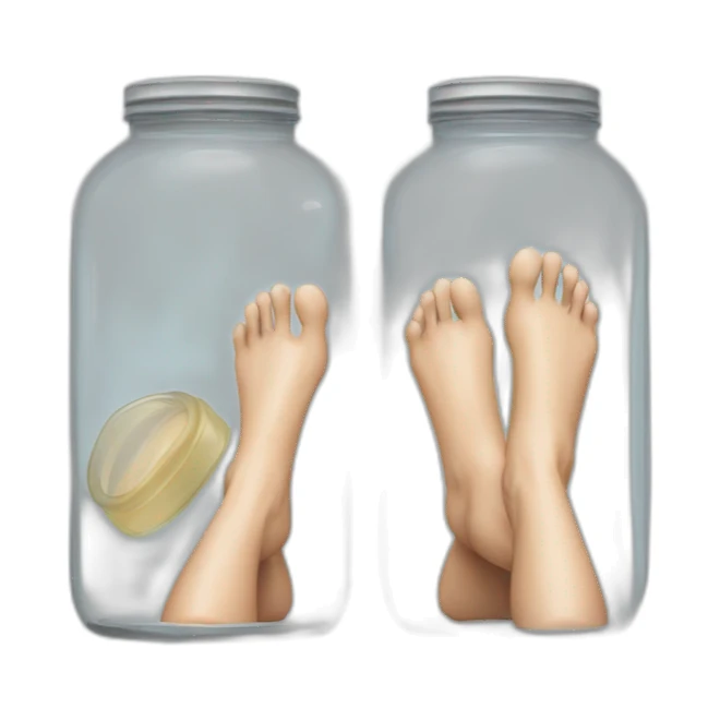 human legs standing on the floor with an ((empty transparent jar)) between them,outside,to the left and to the right,front view sticker