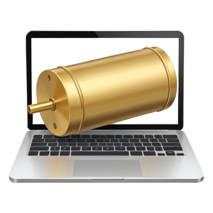 Brass cylinder falls on laptop sticker