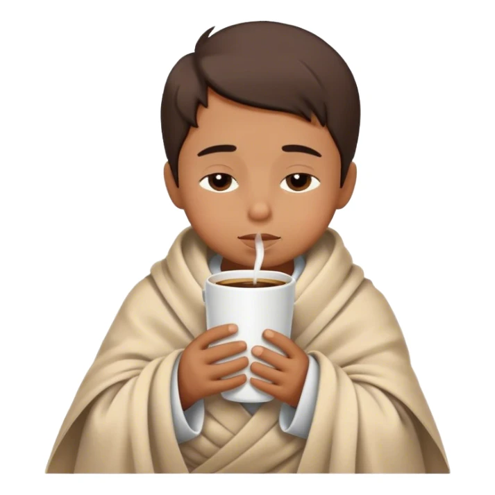 Little brown Boy inside a blanket sipping coffee eyes closed without bed sticker