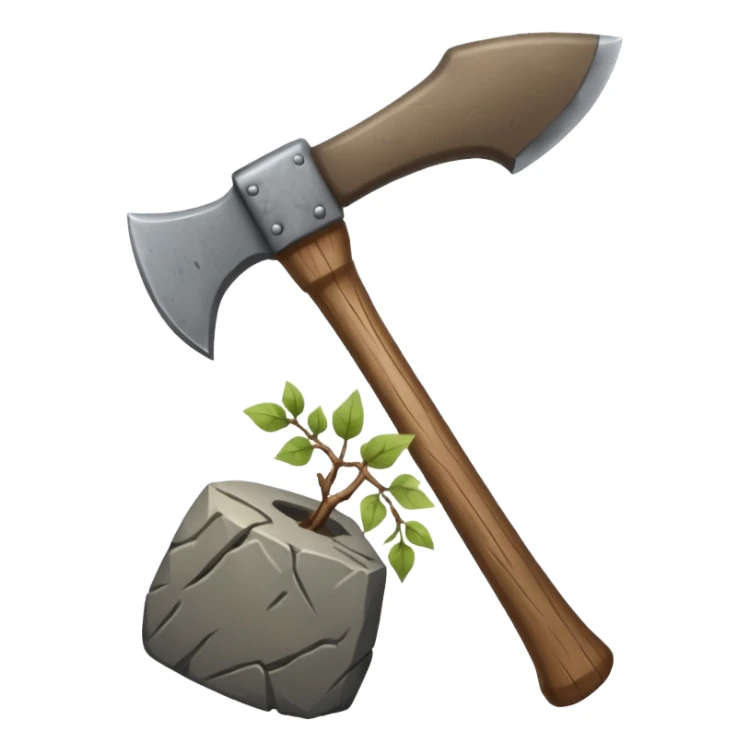 A sharp stone axe with wooden handle tied by vines.





 sticker