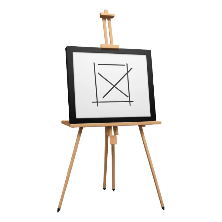 Minimalistic flat vector icon, iOS style, thin black contour on white background. Easel holding a canvas with simple sketch lines, pencil beside it. No text, no shadows sticker