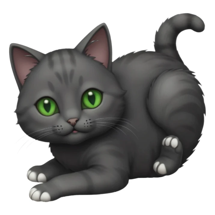solid dark grey cat with green eyes, completely solid grey face, white toes/paws playing rolling upside down sticker