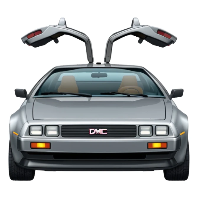 Silver DMC 12 Delorean, closed doors, backside view sticker