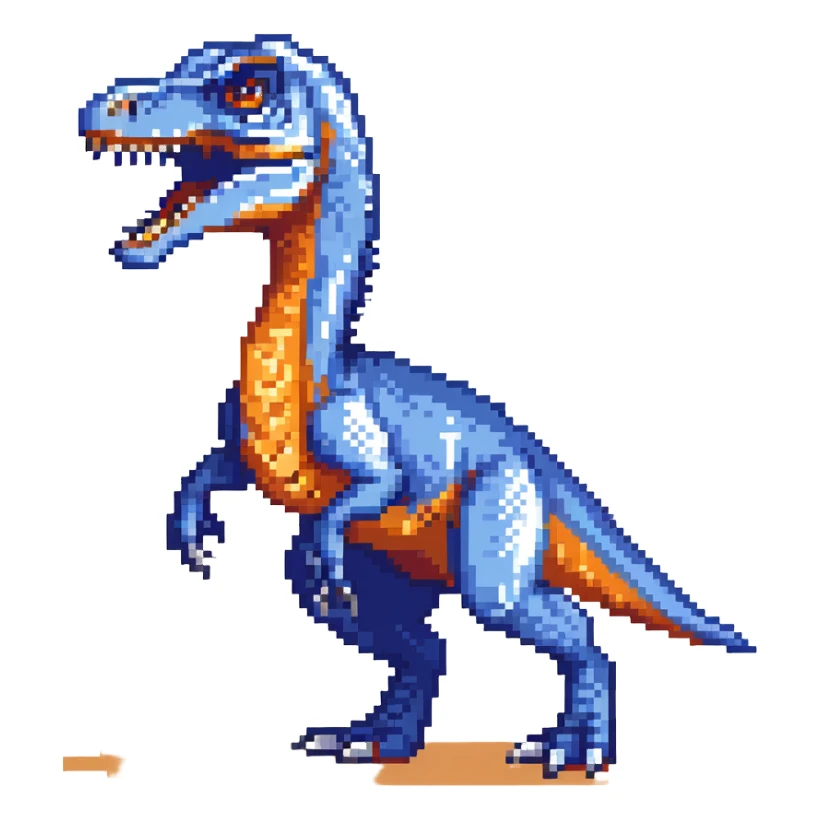 A bright blue velociraptor dinosaur with sharp teeth and claws sticker