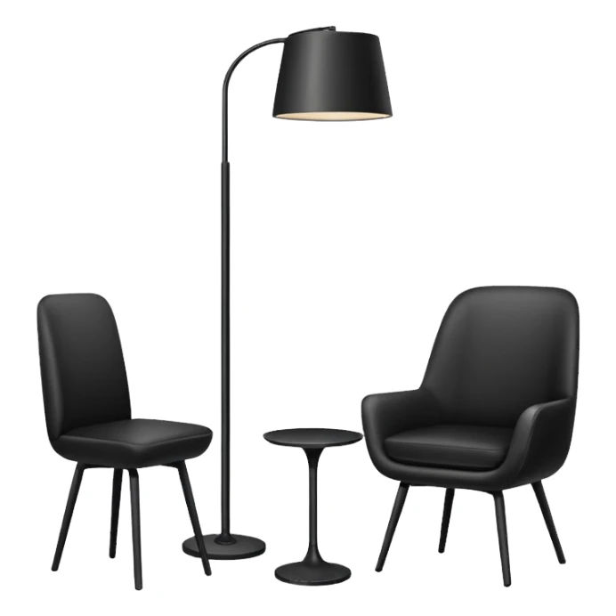 Minimalistic flat vector icon, iOS style, thin black contour on white background. Floor lamp and chair next to a framed picture on wall. Clean, no text, no shadows sticker