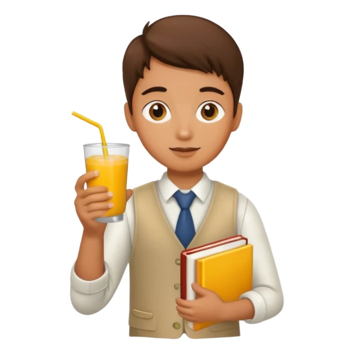 student holding book and mango drink sticker