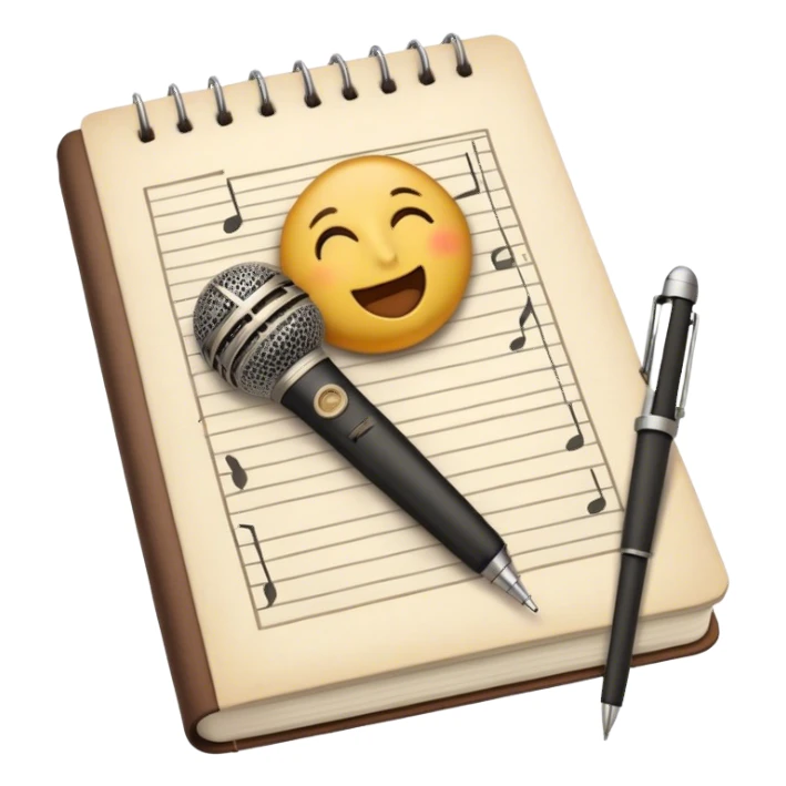 Create an emoji representing songwriting. The design should feature an open notebook or sheet music with visible lyrics between the musical notes, symbolizing the process of writing song lyrics. The text between the notes should be clearly visible. A pen or pencil should be placed near the notebook, indicating active writing. Optionally, include a single vintage microphone lying beside the notebook (not on the music notes) to add a creative touch. Use a harmonious color palette with warm and neutral tones. Do not include any emojis or smiley faces. Make the background transparent. sticker