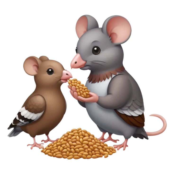 A mouse and a pigeon eating grain together sticker