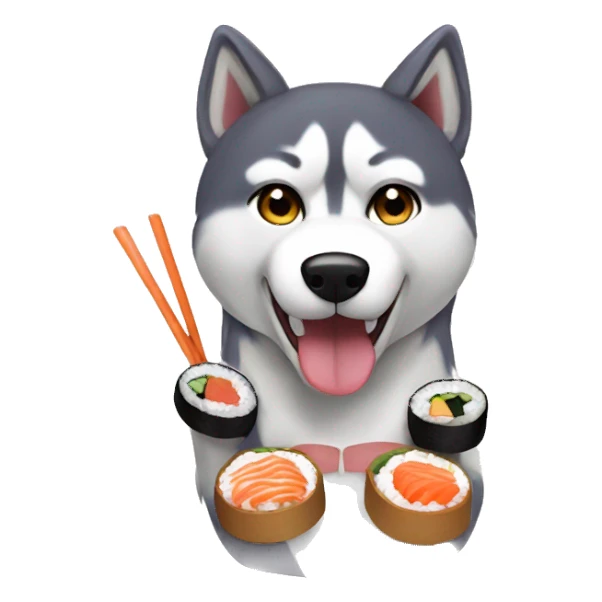 Husky eating sushi wearing a bikini sticker