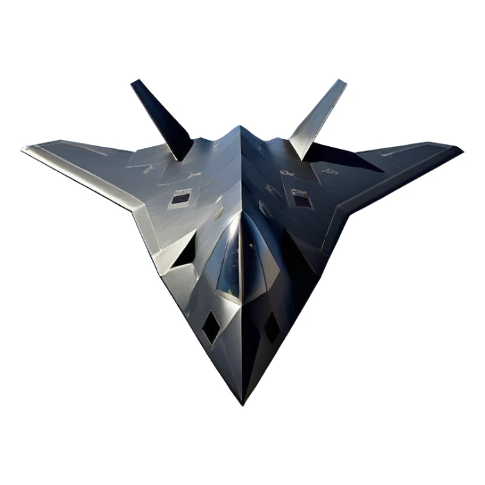 F-117 Nighthawk - Lockheed Martin (Stealth Grey) A futuristic stealth attack aircraft with a distinct faceted, angular design in a stealthy matte grey. Its sharp, jagged edges and unconventional, almost alien-like shape make it look like a shadow cutting through the night sky. The surface should appear non-reflective with subtle panel lines. sticker