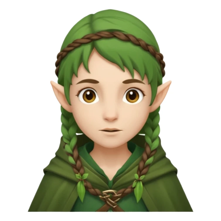 forest elf, brown braid, green cloak, gentle expression sticker