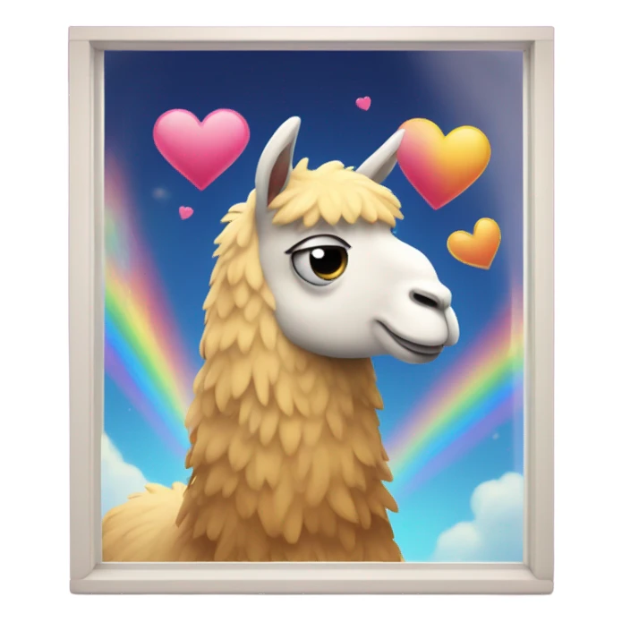 Sad llama looking longingly out a window with hearts and rainbows sticker