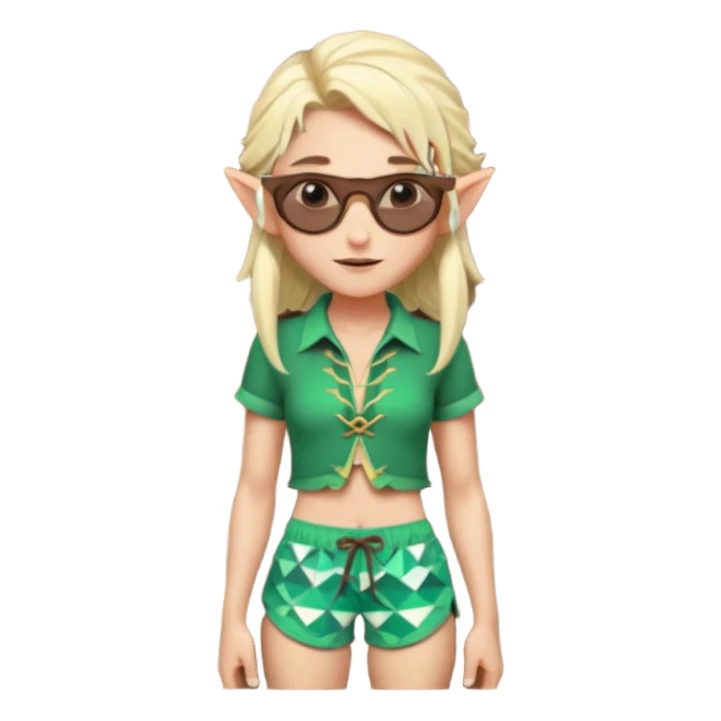 elf female legolas portrait, patterned board shorts (geometric/abstract), unique wooden-framed sunglasses, undercut hairstyle, slight smirk, visible pointy ears, no background, centered emoji, hipster summer vibe coctails sticker