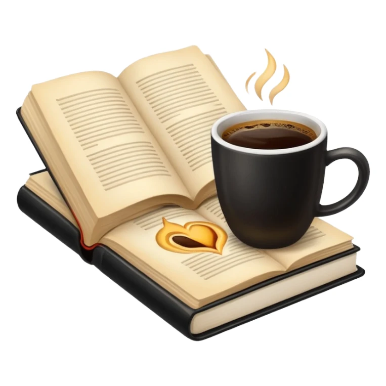 A normal sized coffee next to an open book sticker