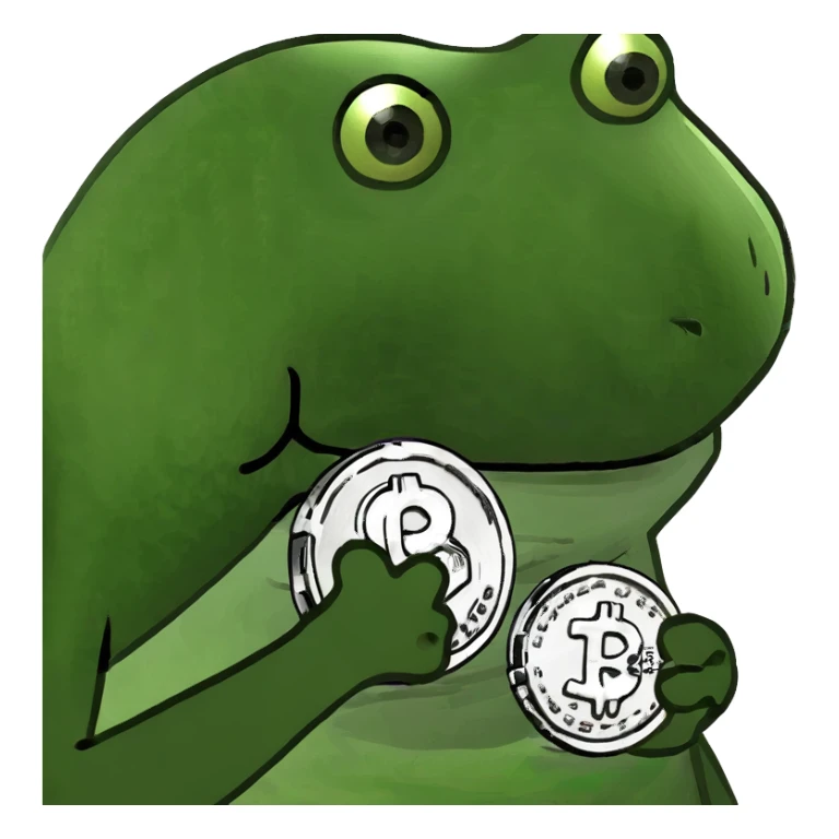 bufo frog (pepe) with a single coin in hand sticker