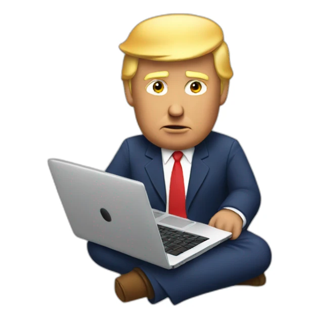 trump sitting with a laptop sticker