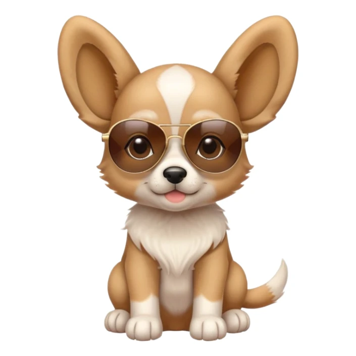 Cute puppy with oversized ears wearing sunglasses and a tiny hat sticker