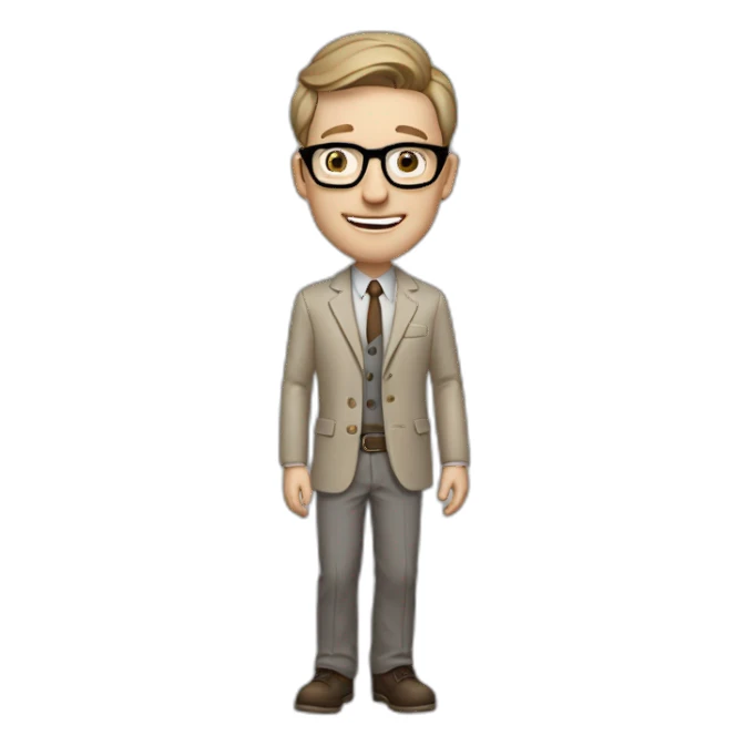 Crickering Pale skinned Fit Man With dark brown hair in gray jacket, beige office shirt, Brown pants and vintage glasses In the joke cap sticker