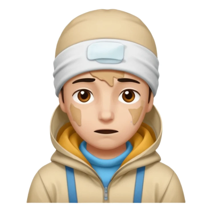 A person with headaches and a cold pack on the head sticker