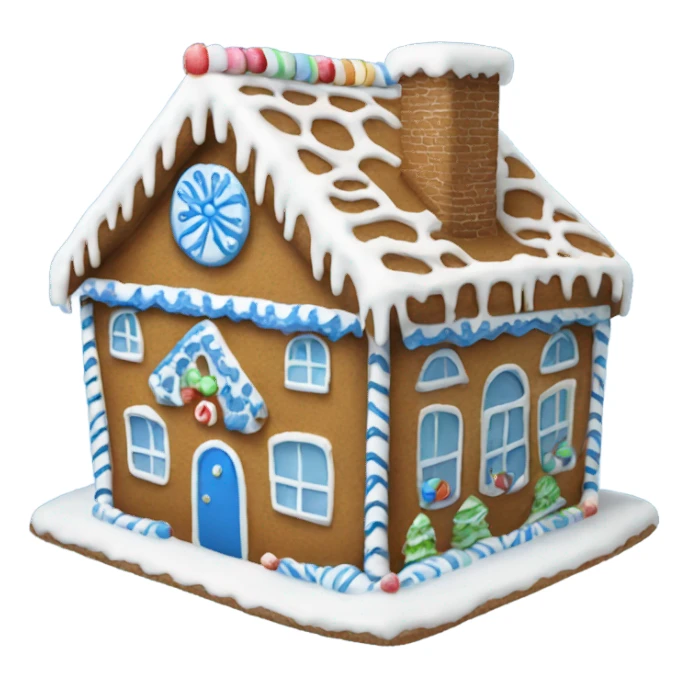 A blue and white gingerbread house sticker