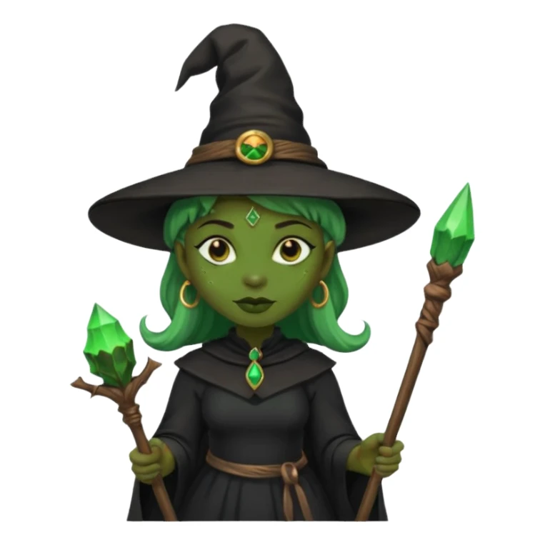 ведьма-африканка с зеленой кожей просто в черном платье и черной ведьминской шляпе с посохом sticker