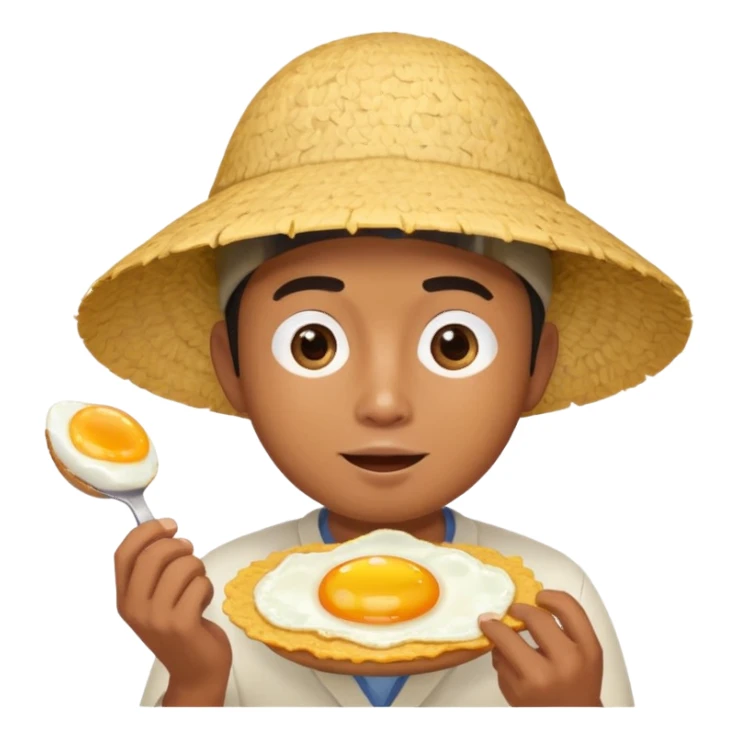 Asian guy with a rice hat eating an egg sticker