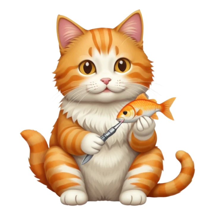 cat full body sitting eating a fish sticker