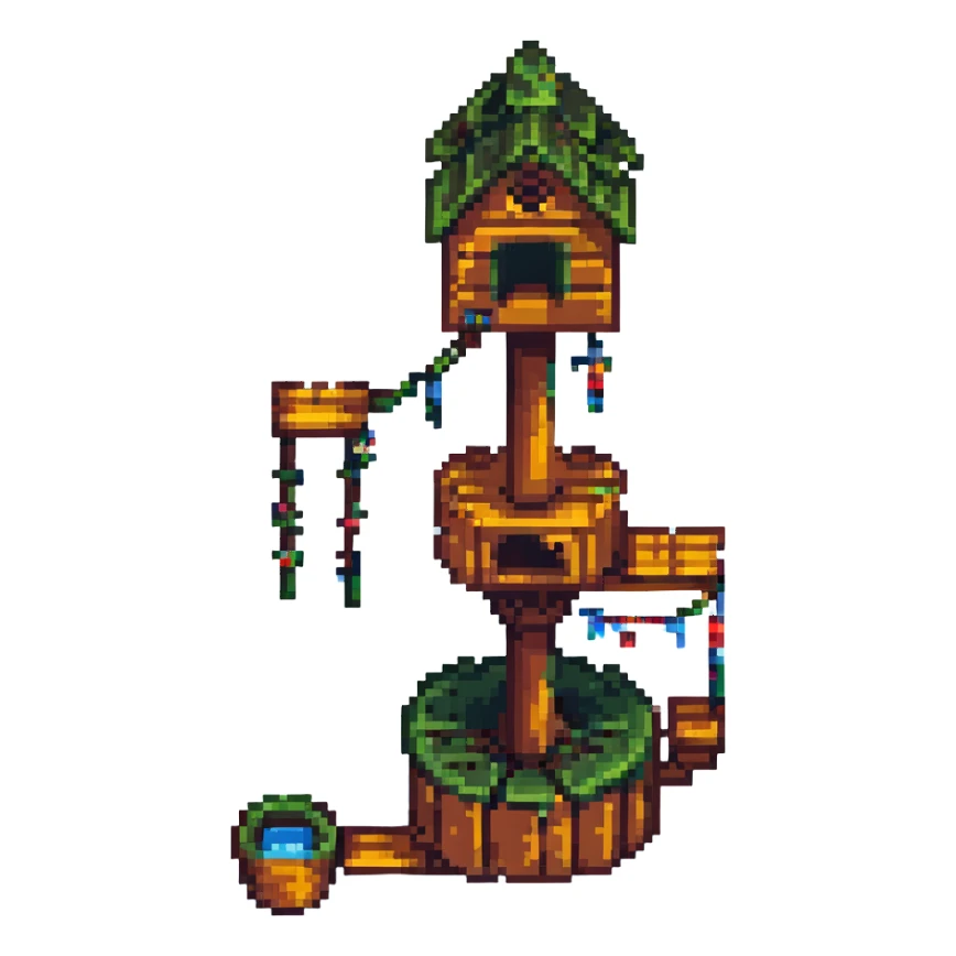 treehouse with floating platforms, enchanted look, pixel art style sticker