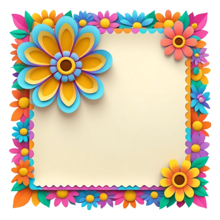 3D, psychedelic colored note paper with hippie style flower border sticker