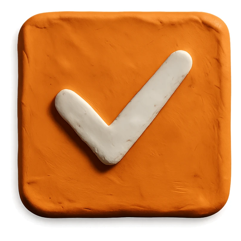 2D orange square with a white check mark inside, claymation style sticker