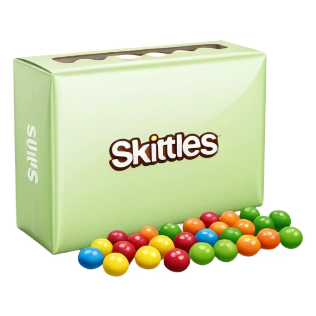 Minimalist flat design of a Skittles package. Rainbow colored simple rectangular package with just a few green round candies. Clean lines and minimal details. sticker