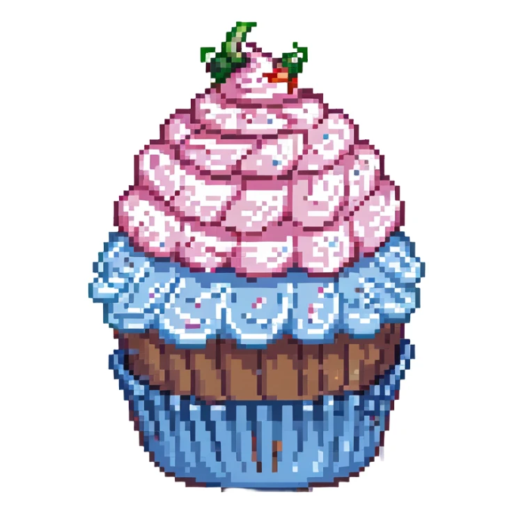 pixel art cupcake with pink icing, in a blue wrapper sticker