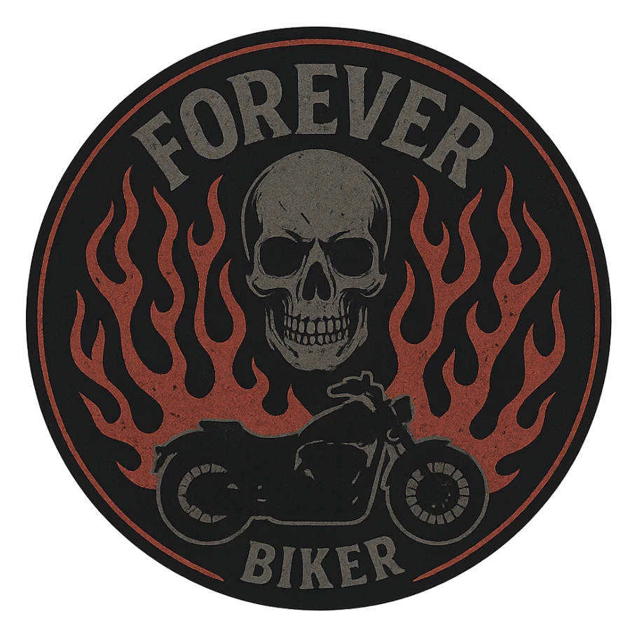 circular transparent background design for motorcycle cap, text 'FOREVER BIKER', motif: flame, motorcycle, skull, dark style sticker