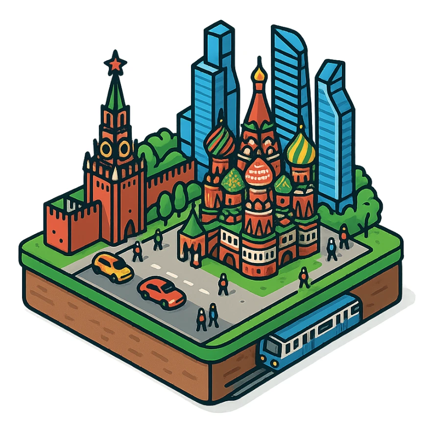 Изометричная миниатюрная фотореалистичная 3D модель Москвы на подставке - Кремль, собор Василия Блаженного, фотореалистичные Башни Москва-Сити, аккуратная детализация, четкие линии, яркие цвета, мультяшный реализм, гуляют люди и современный автотранспорт и метро, компактная композиция, вид сверху в изометрии, прозрачный фон sticker