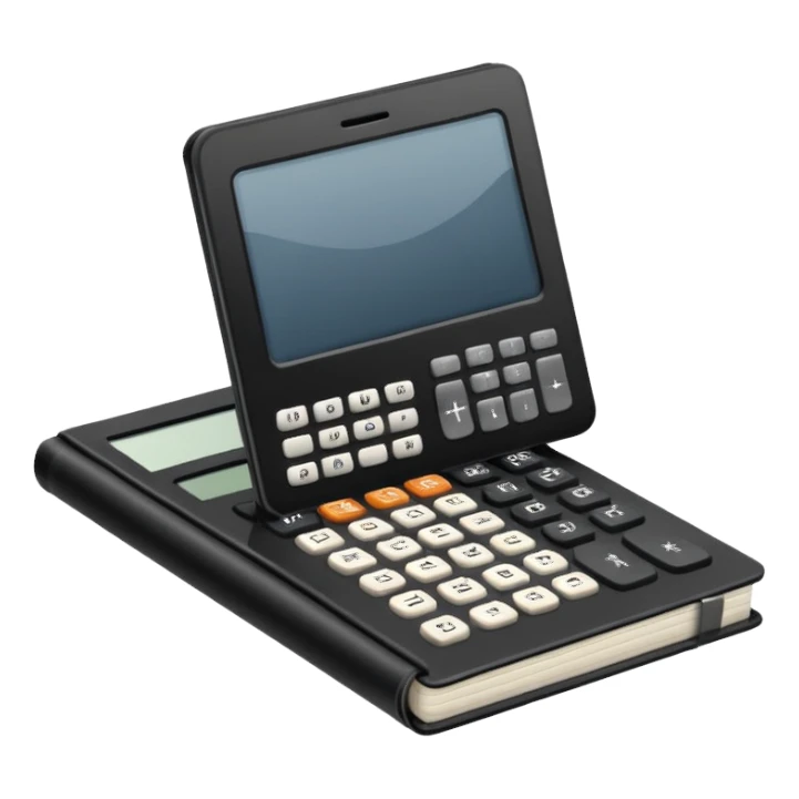 Minimalistic flat vector icon, iOS style, thin black contour on white background. Small black notebook with visible binding, placed next to a calculator. Clean, modern, no text, no shadows. sticker