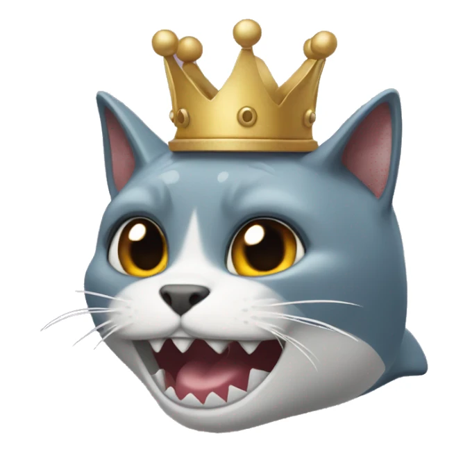 a cat wih shark teeth and a crown sticker