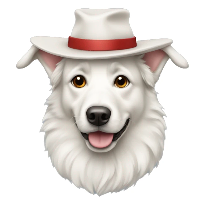 a white swiss sheperd dog with a hat sticker
