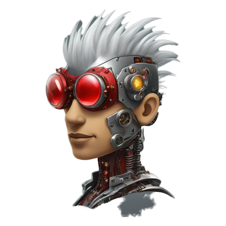 cyborg head with Silver mohawk, red steampunk goggles, red goatee and circuits sticker