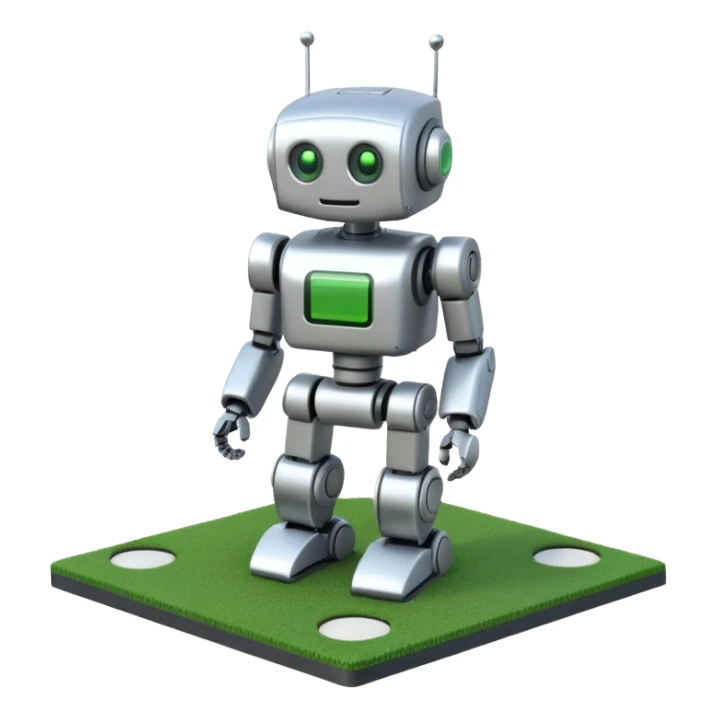 a small robot stands on a square playing field sticker