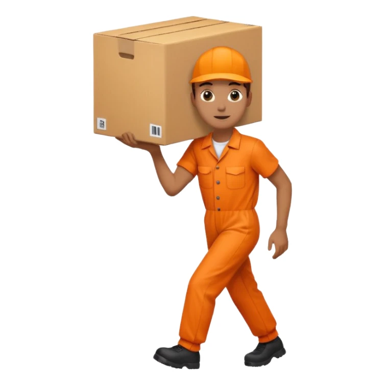orange overalls carrying a large box sticker