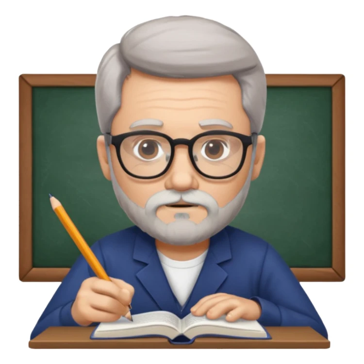man with gray beard and glasses studying sticker