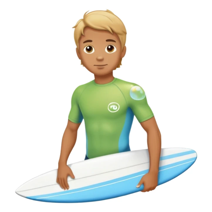 A surfer with a bubble.io t shirt sticker