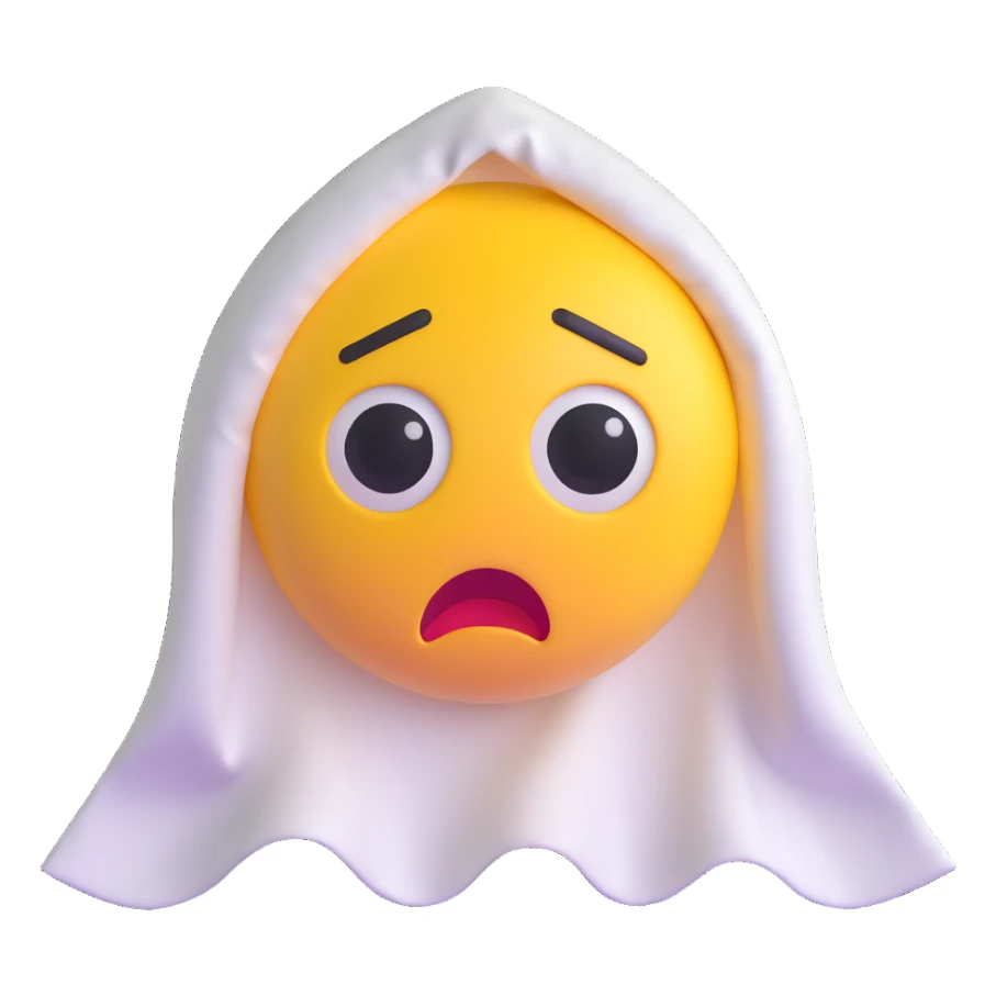 yellow emoji dressed as a ghost with exaggerated scared expression, white sheet with eye holes sticker